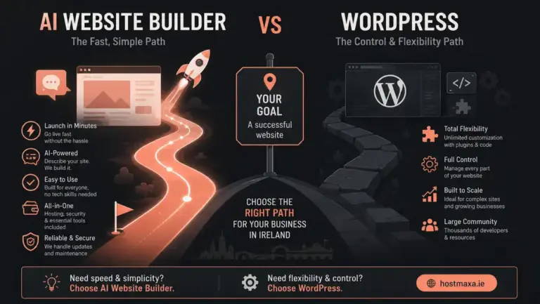 Side-by-side comparison of AI website builder, WordPress, and Squarespace for Irish businesses
